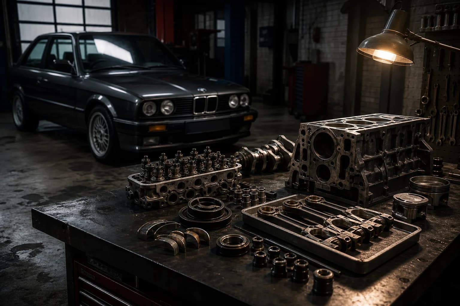 Industrial garage workbench with precision-machined engine components