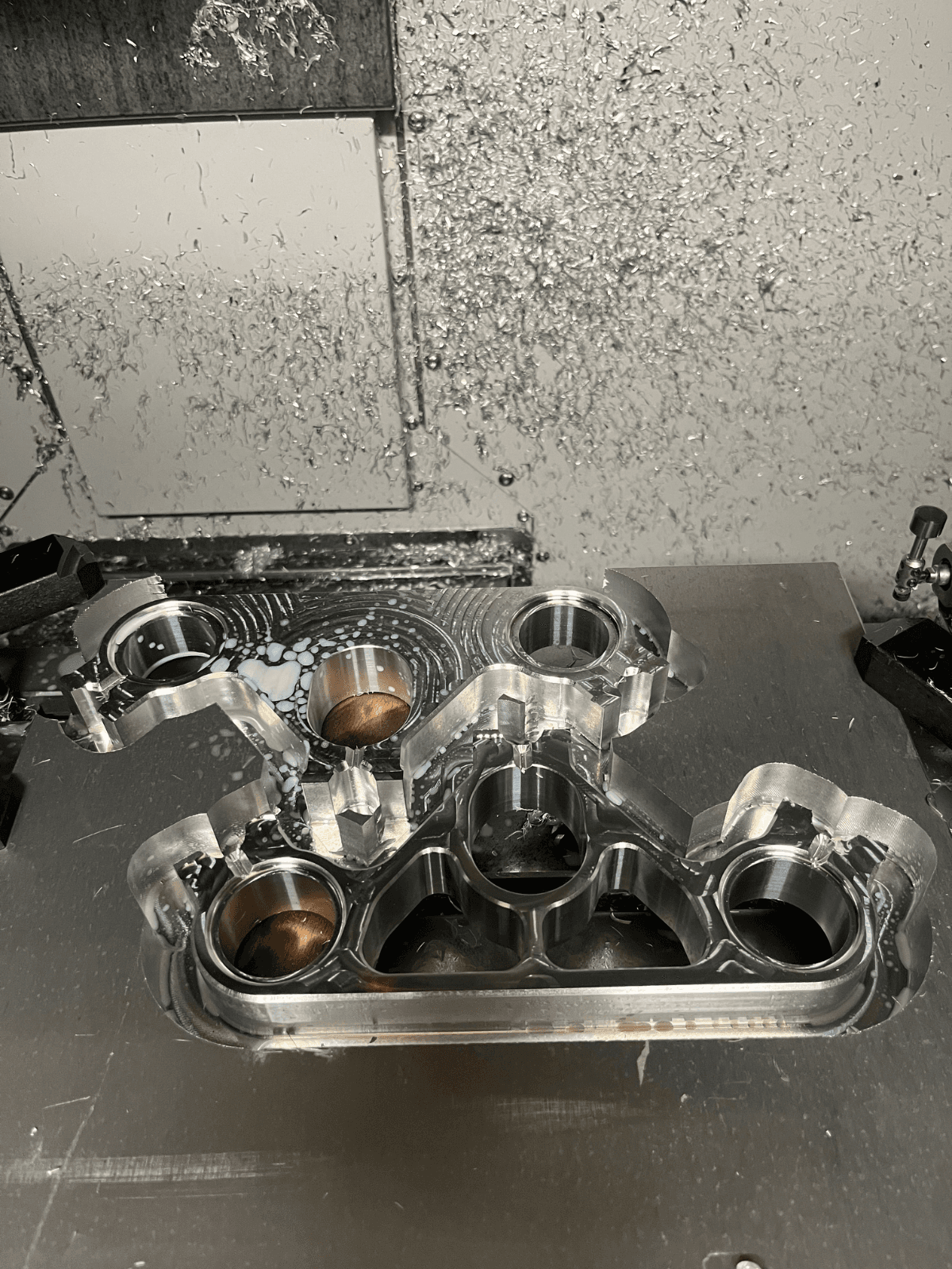 Billet aluminium bearing cradle cut from solid on the machine bed